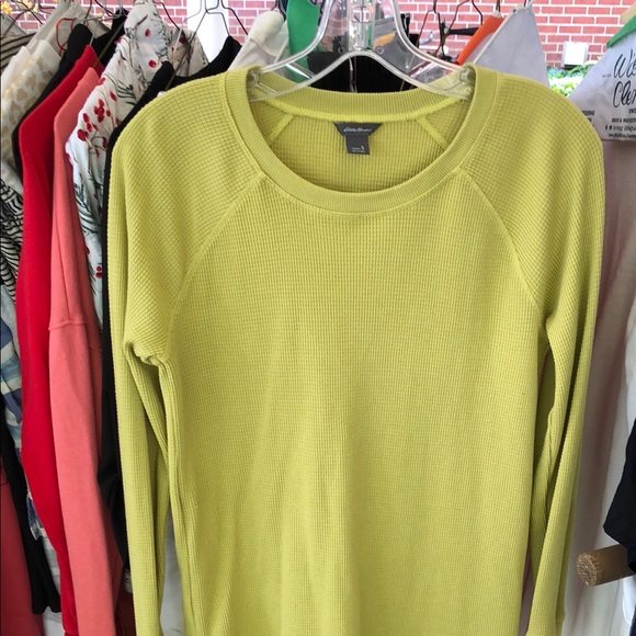 Women's Eddie Bauer Fitted Lime Yellow-Green Long Sleeve Waffle Crew Size Small - Picture 3 of 6
